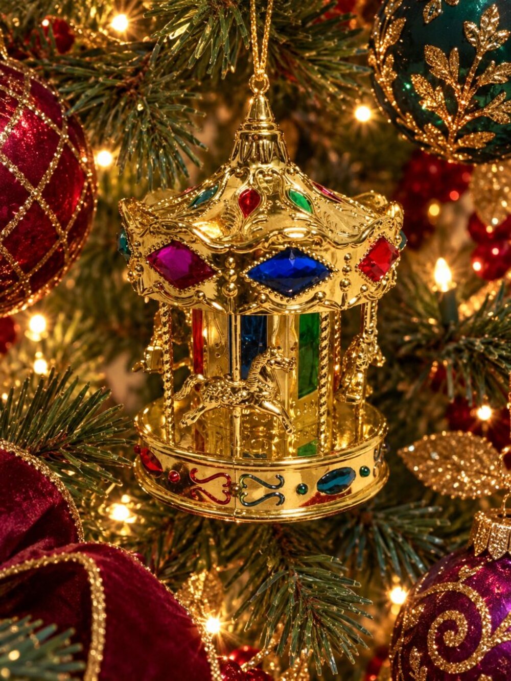 Vintage Hudson’s Bay Company Gold Carousel Christmas Ornament – Jewel Tones 4"
